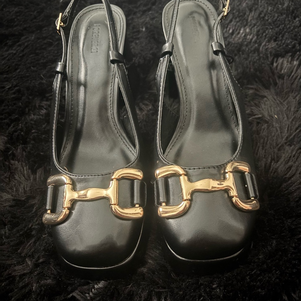 Black Leather Women's Shoes with Gold Accents